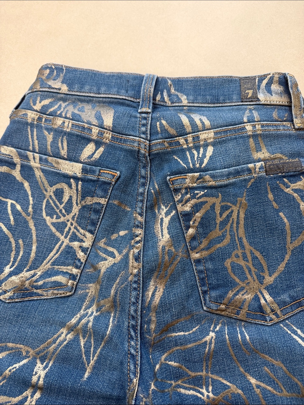 7 For All Mankind Blue Skinny Jeans with Metallic Floral Overlay - Picture 6 of 6